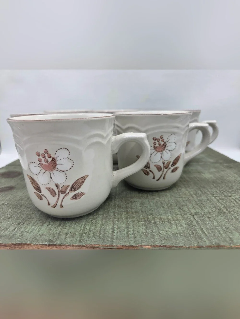Vintage Cumberland Mayblossom Stoneware Coffee Mugs Set of 6 Beige & Brown Japan
